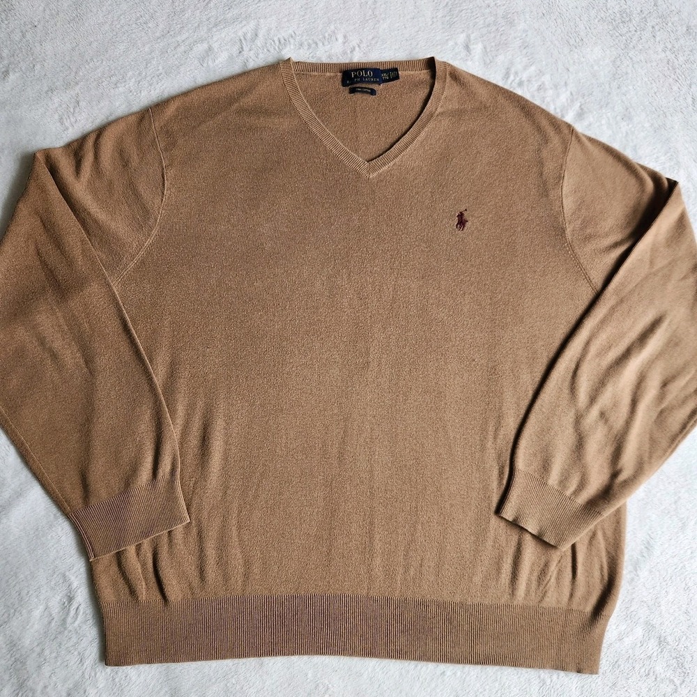 Polo Ralph Lauren Neutral‎ Tan Pima Cotton V-Neck Sweater Mens XXL